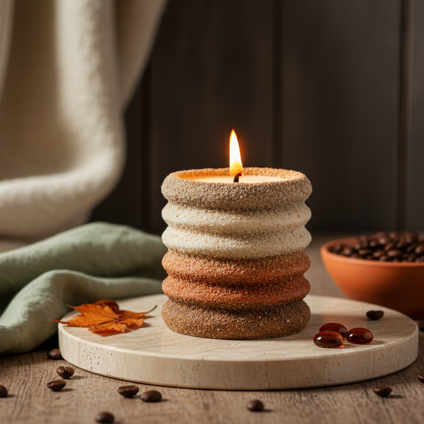 Luxurious sand candle hero banner with autumn earth tones